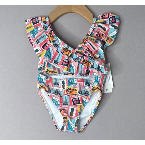 NWT Janie & Jack Hawaii Postcard 2-Piece Ruffled Swimsuit UPF 50+ Girls 3 Yrs